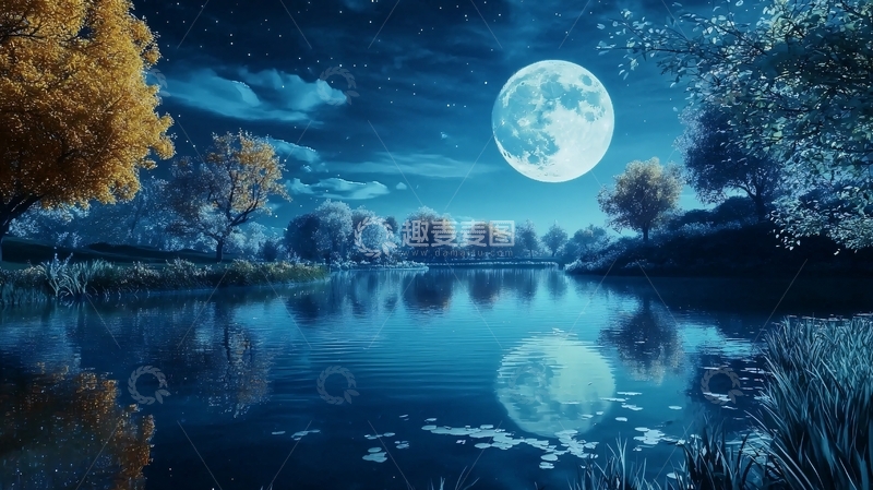 高清大图下载【趣麦麦图】月光下的湖边树林