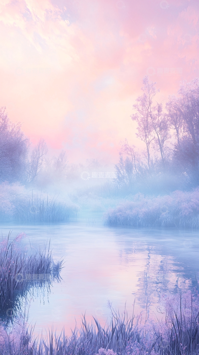 高清大图下载【趣麦麦图】雾气朦胧的粉色湖畔