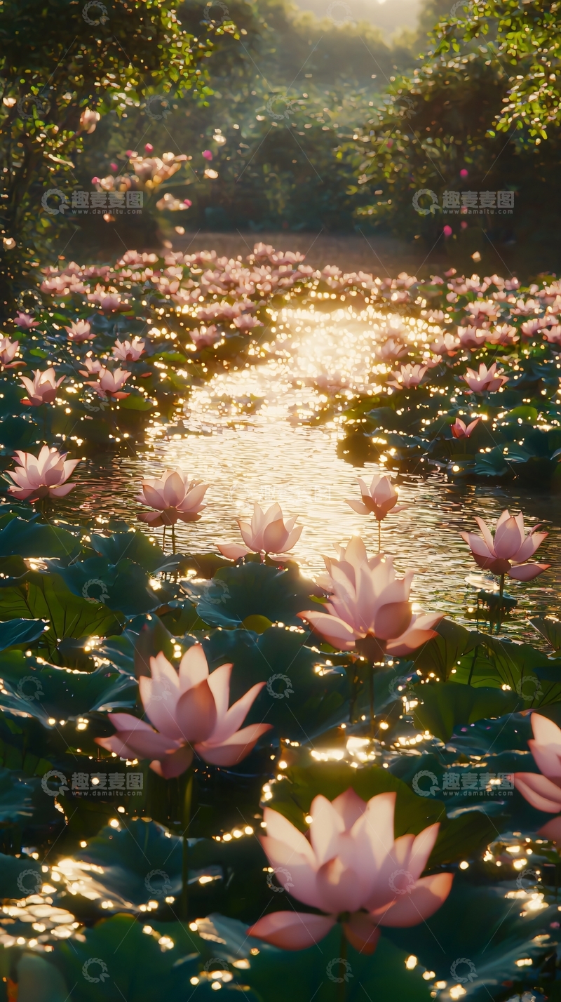 高清大图下载【趣麦麦图】清晨阳光下的粉色荷花溪流