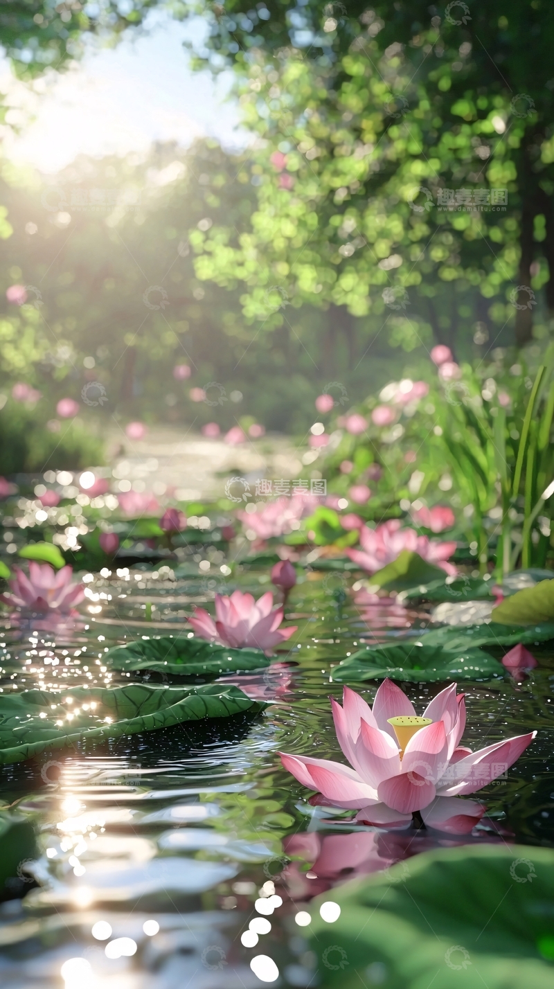 高清大图下载【趣麦麦图】阳光洒落小溪莲花