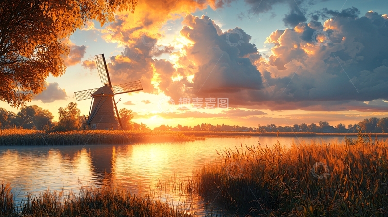 高清大图下载【趣麦麦图】日出风车湖边风景