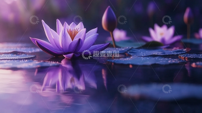 高清大图下载【趣麦麦图】紫色睡莲倒影