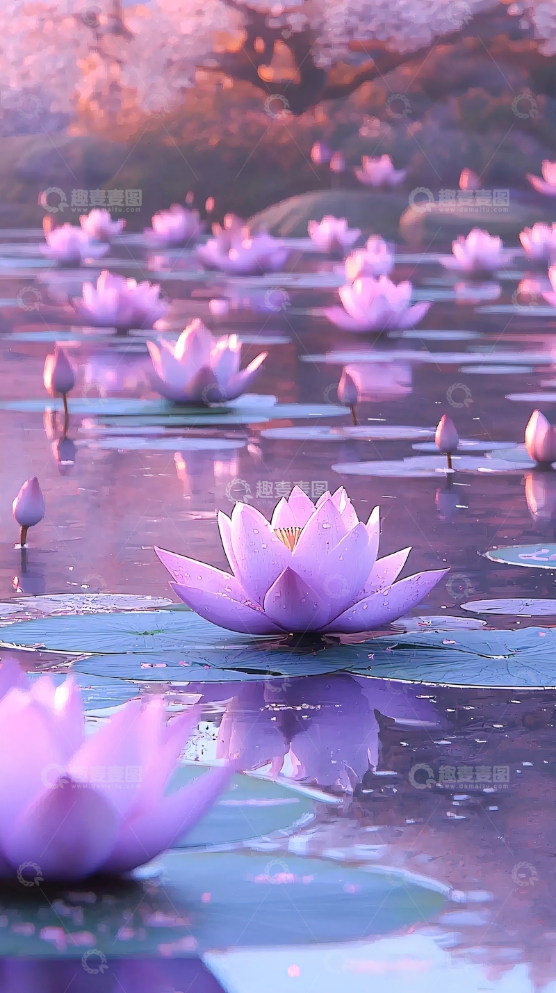 高清大图下载【趣麦麦图】粉紫荷花水面倒影