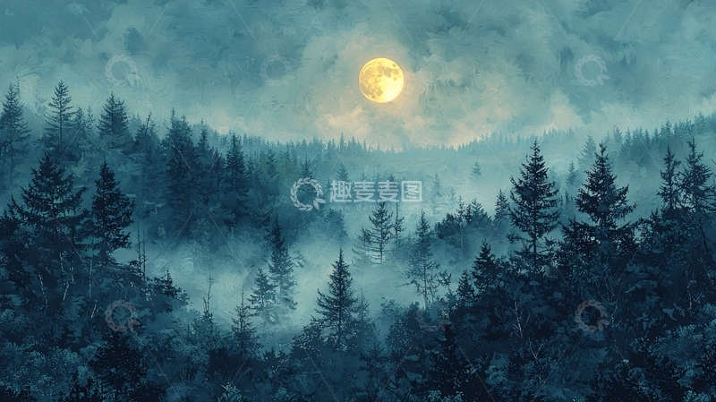 高清大图下载【趣麦麦图】雾气缭绕的森林月夜