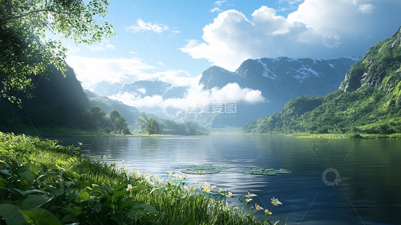 高清大图下载【趣麦麦图】山峦环绕的宁静湖泊