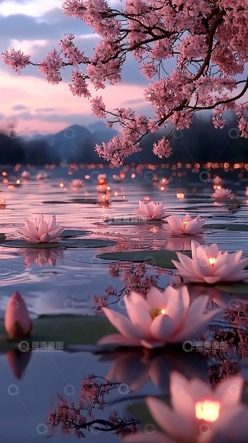 高清大图下载【趣麦麦图】粉红樱花与莲花湖景