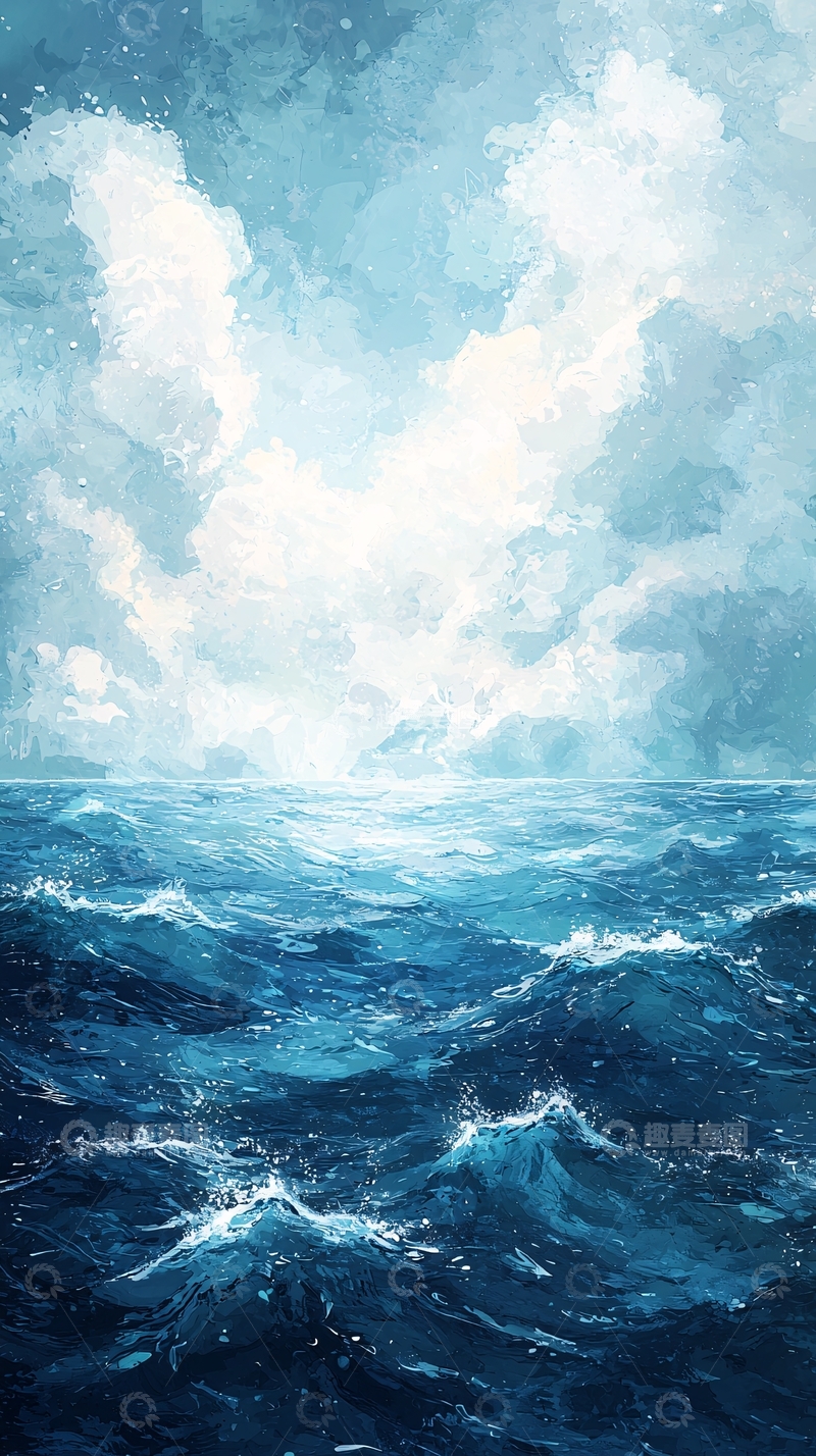 高清大图下载【趣麦麦图】蔚蓝海面与天空的油画