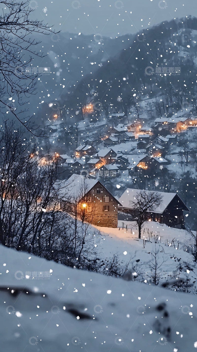 高清大图下载【趣麦麦图】下雪的村庄夜景