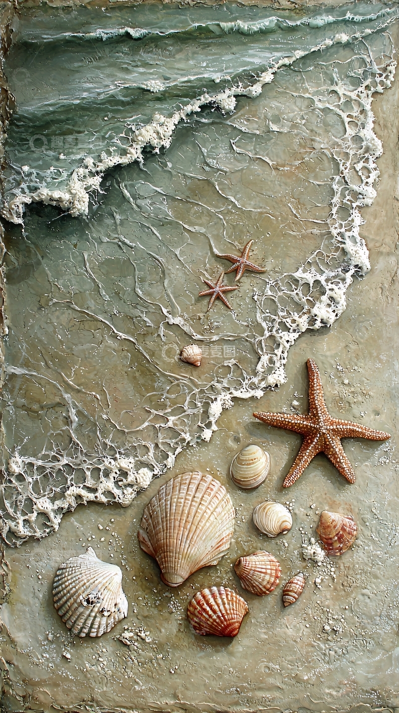 高清大图下载【趣麦麦图】海滩浪花贝壳