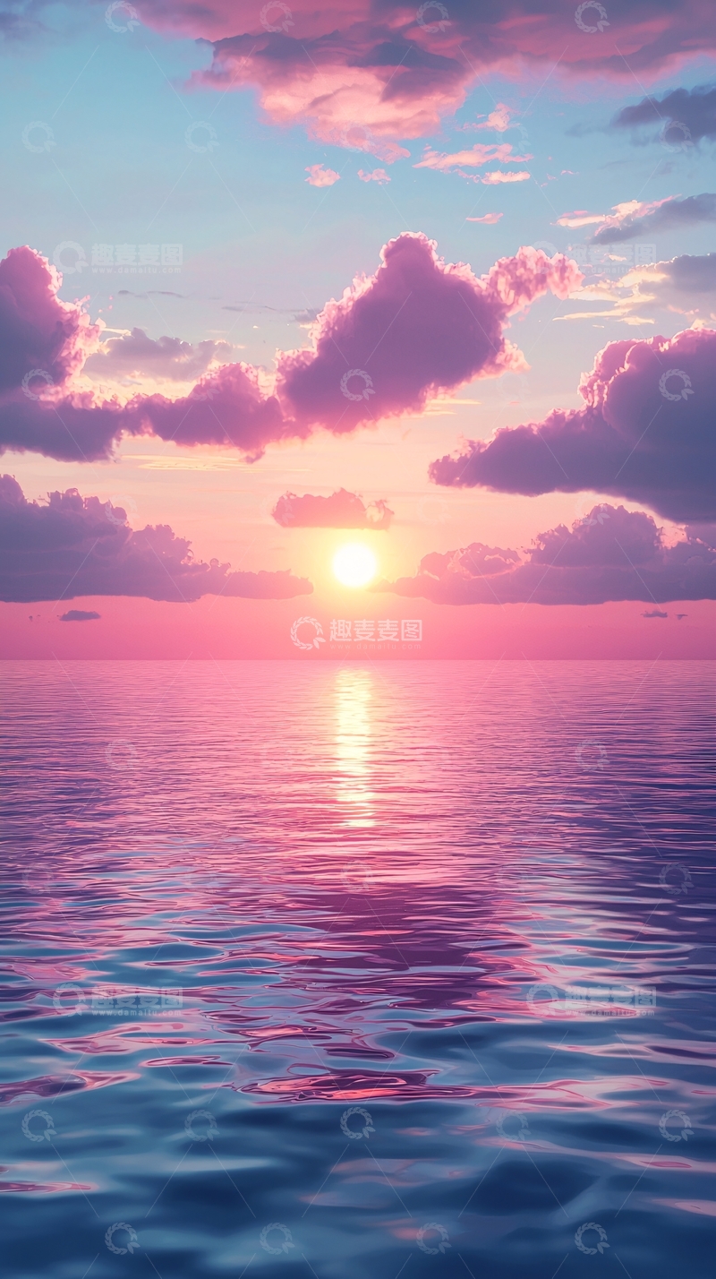 高清大图下载【趣麦麦图】粉色天空下的平静海面