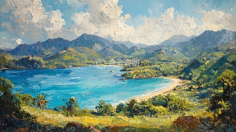 高清大图下载【趣麦麦图】海湾山景油画风格