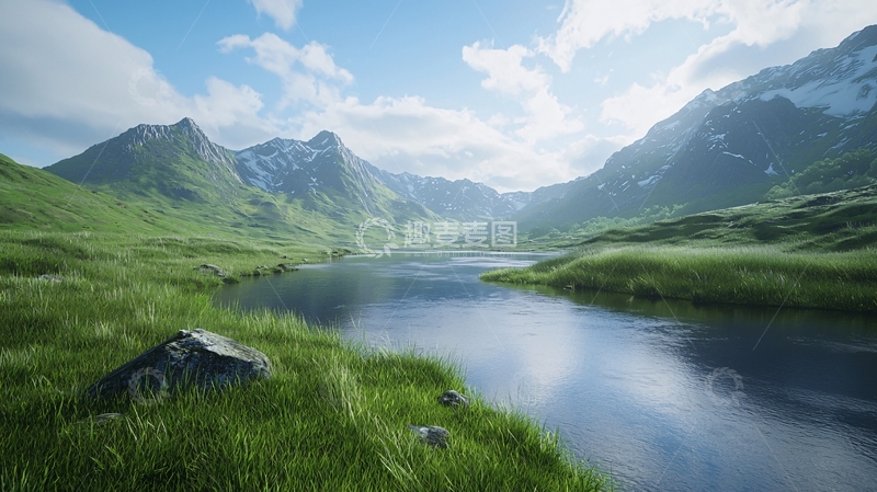 高清大图下载【趣麦麦图】山峦环抱的湖泊与绿地