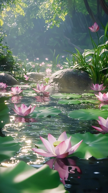 梦幻森林溪流粉色睡莲