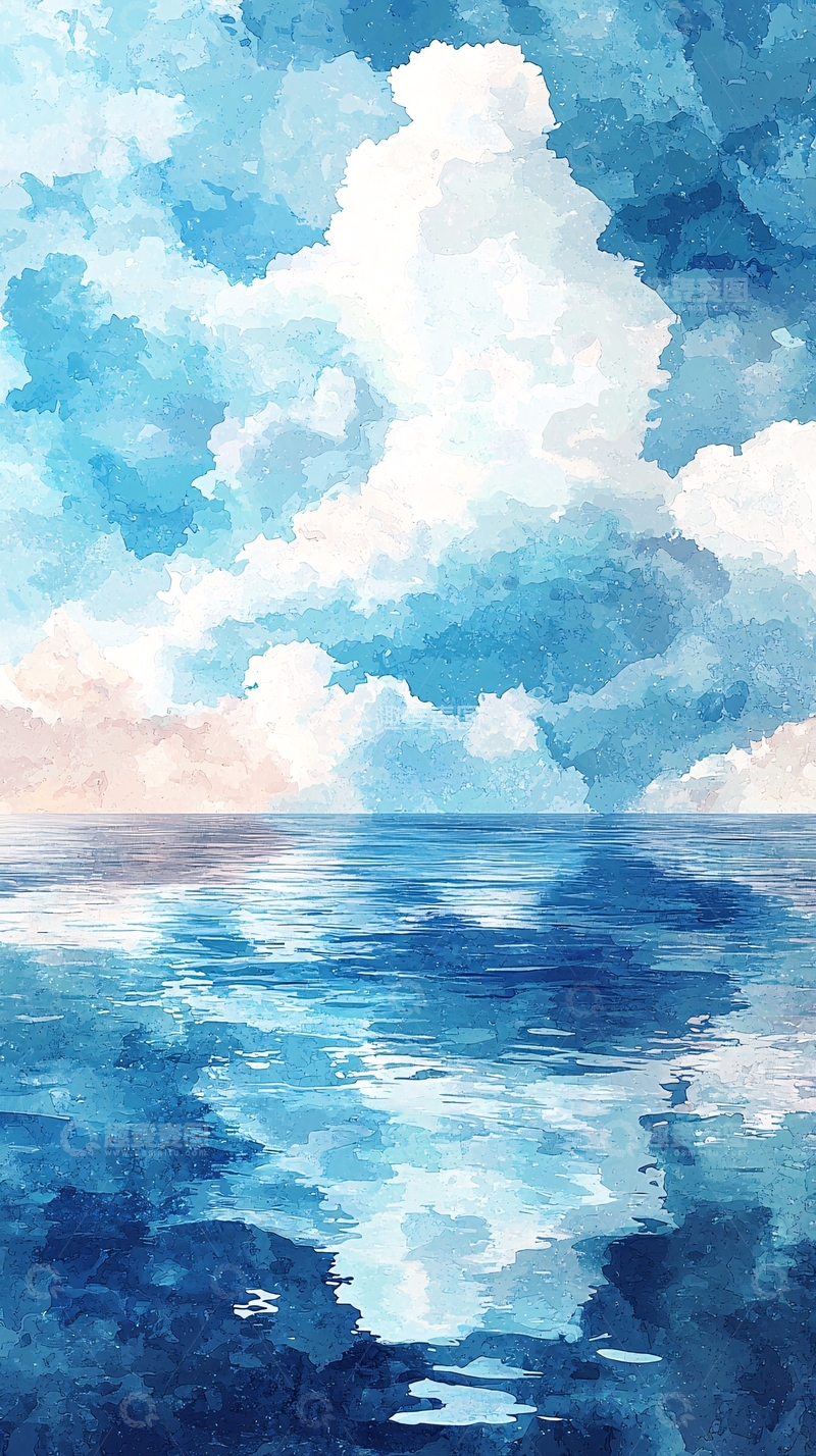 高清大图下载【趣麦麦图】水天一色清新治愈绘画