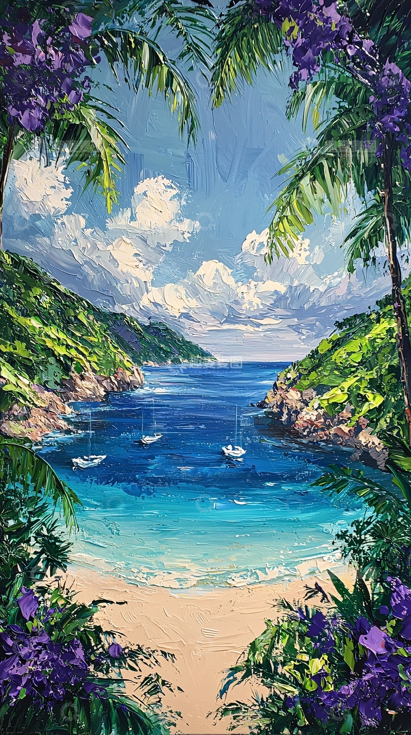 高清大图下载【趣麦麦图】热带海湾的油画风景