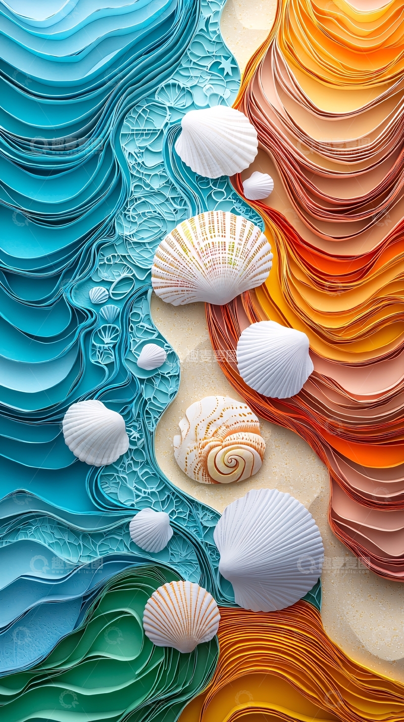 高清大图下载【趣麦麦图】海滩贝壳与波浪的艺术