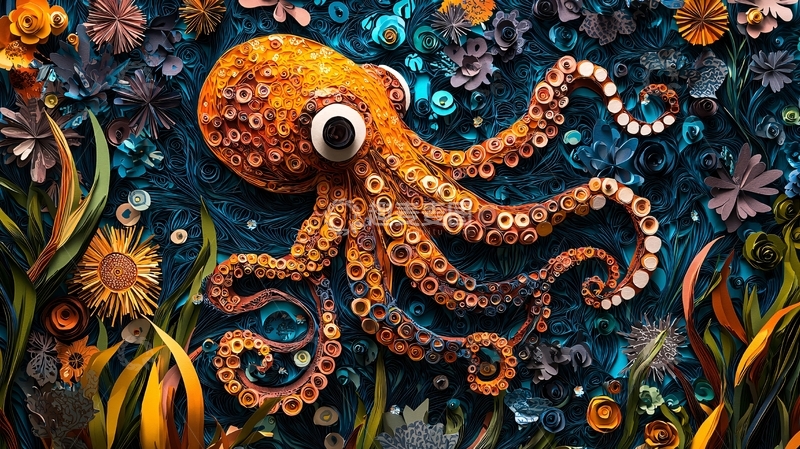 高清大图下载【趣麦麦图】橙色章鱼在深海中