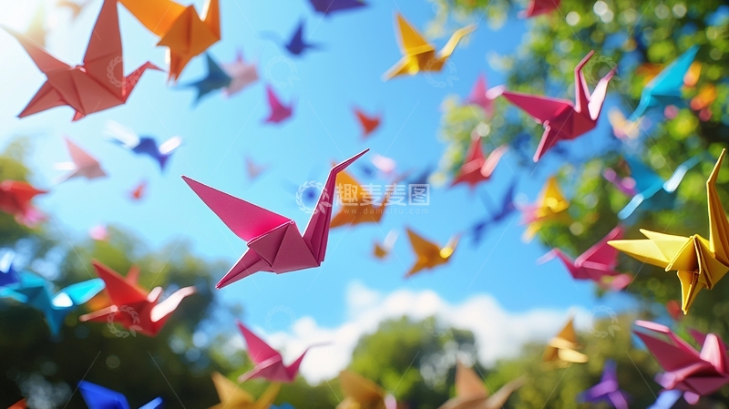 高清大图下载【趣麦麦图】彩色千纸鹤飞翔