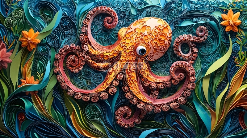高清大图下载【趣麦麦图】海洋生物的立体纸艺章鱼