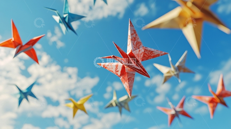 高清大图下载【趣麦麦图】蓝天白云下彩色千纸鹤