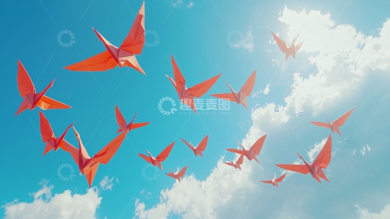 高清大图下载【趣麦麦图】蓝天白云下飞翔的红色纸鹤