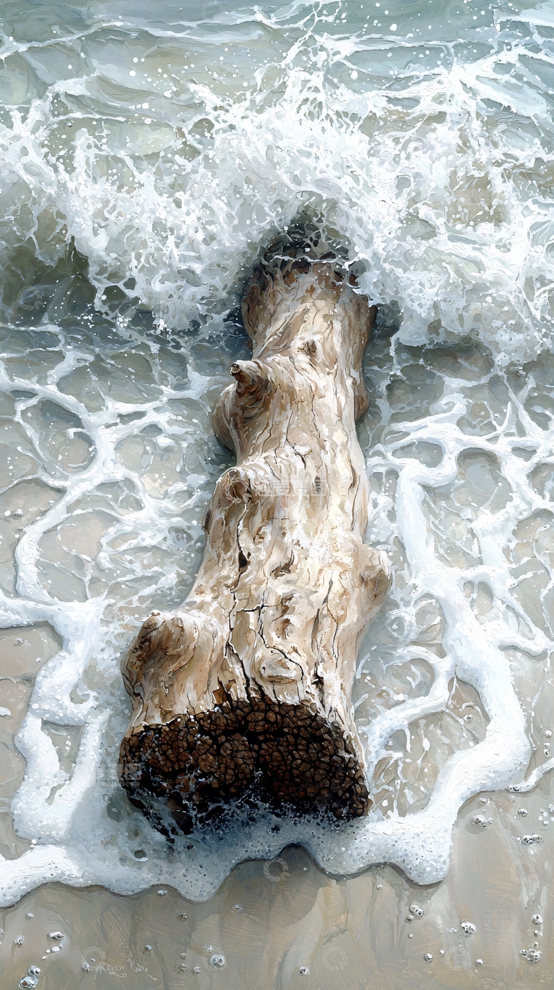 高清大图下载【趣麦麦图】海滩上的木头被海浪冲刷