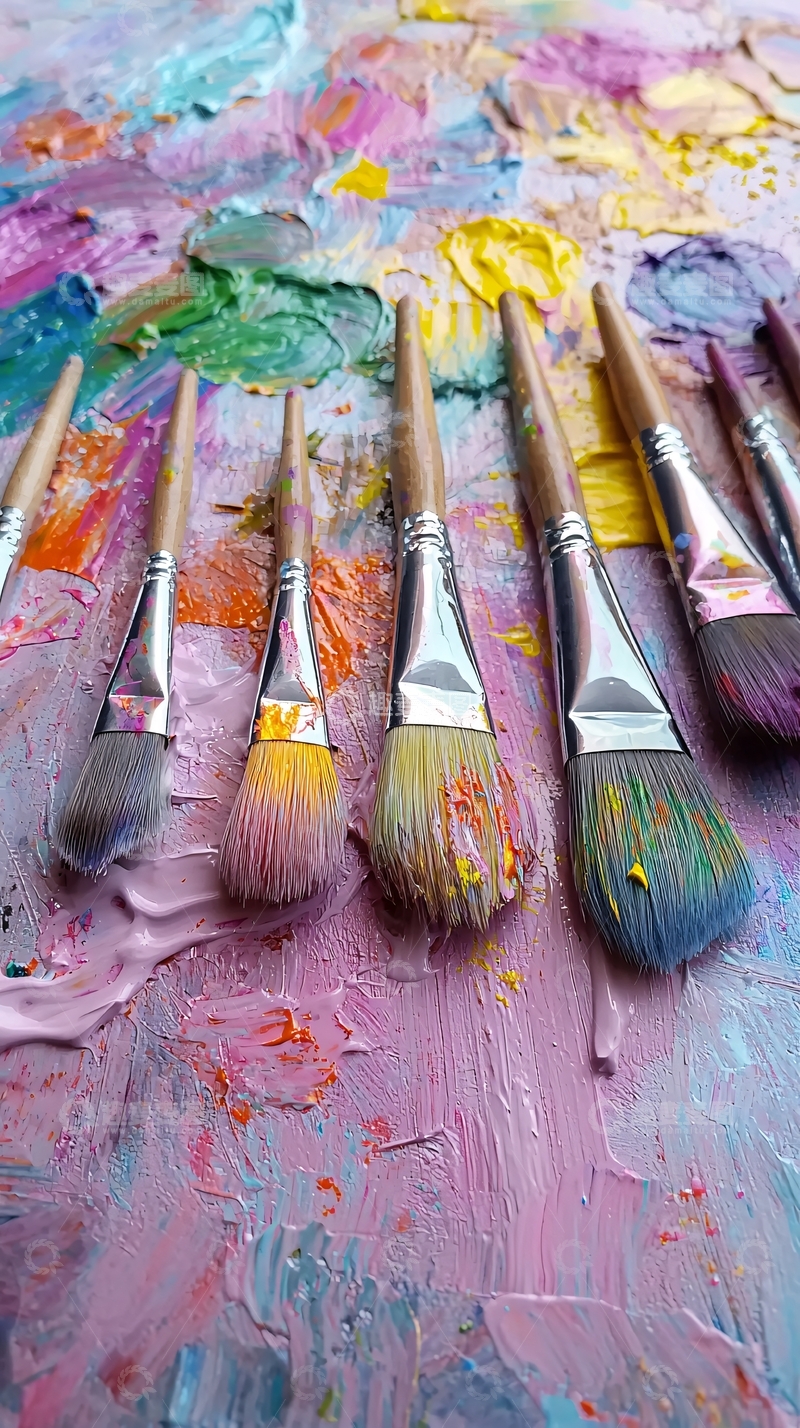 高清大图下载【趣麦麦图】彩色颜料调色板上的画笔
