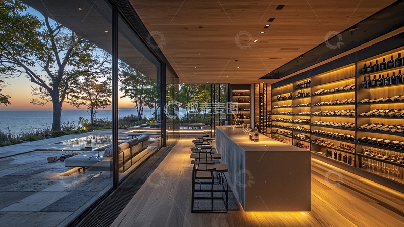 高清大图下载【趣麦麦图】落地窗海景酒窖吧台