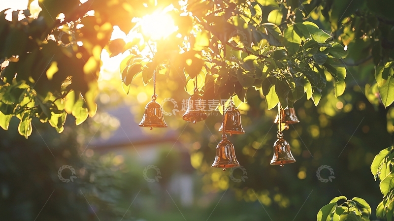 高清大图下载【趣麦麦图】夕阳下树枝上的铜铃