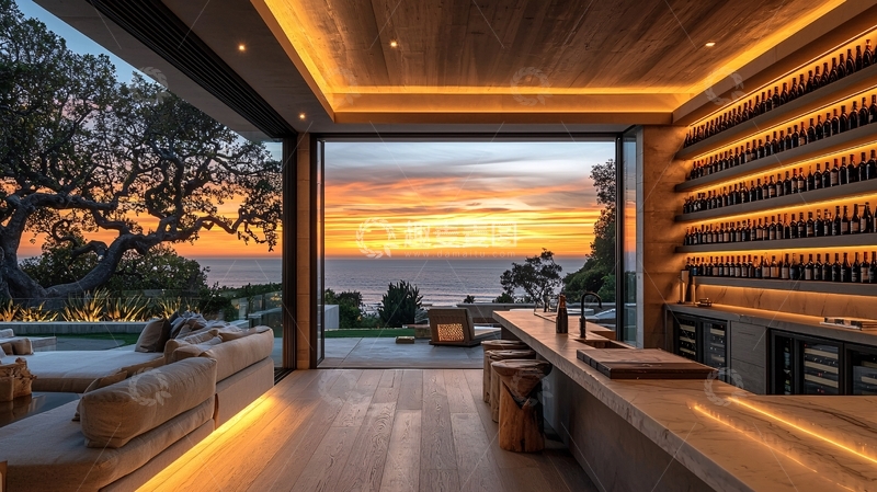 高清大图下载【趣麦麦图】海边别墅内的吧台日落美景