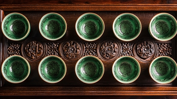 绿釉小茶杯木托盘