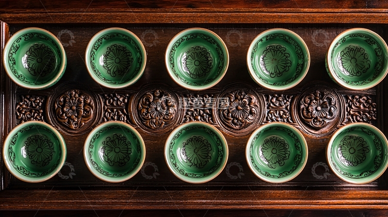 高清大图下载【趣麦麦图】绿釉小茶杯木托盘