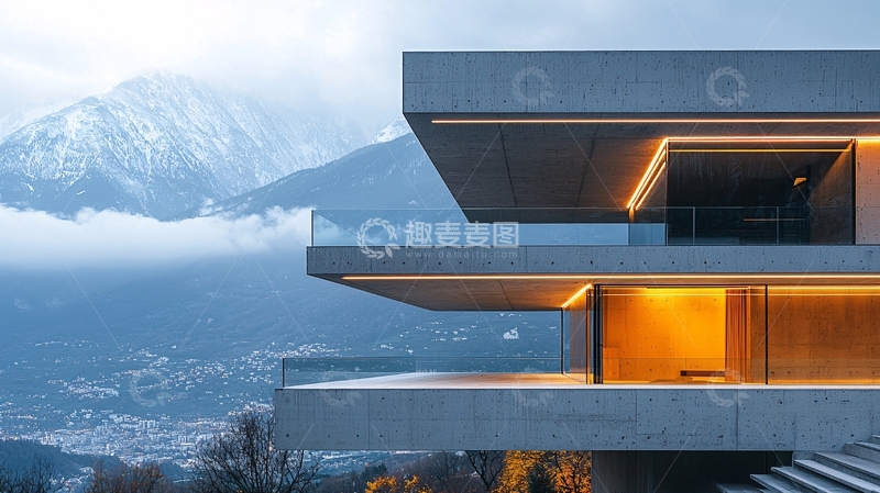 高清大图下载【趣麦麦图】现代建筑与雪山背景