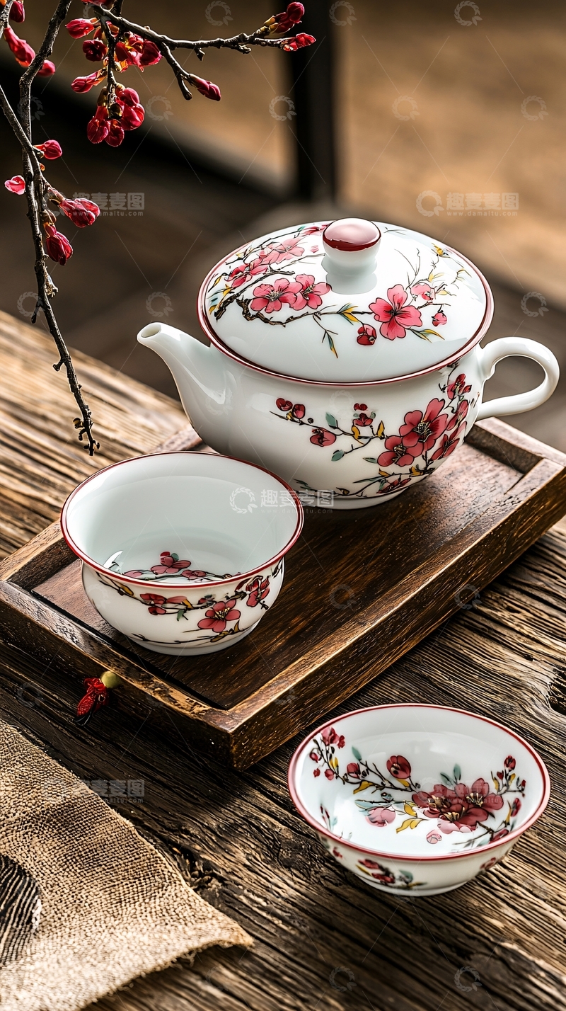 高清大图下载【趣麦麦图】手绘梅花茶具套装
