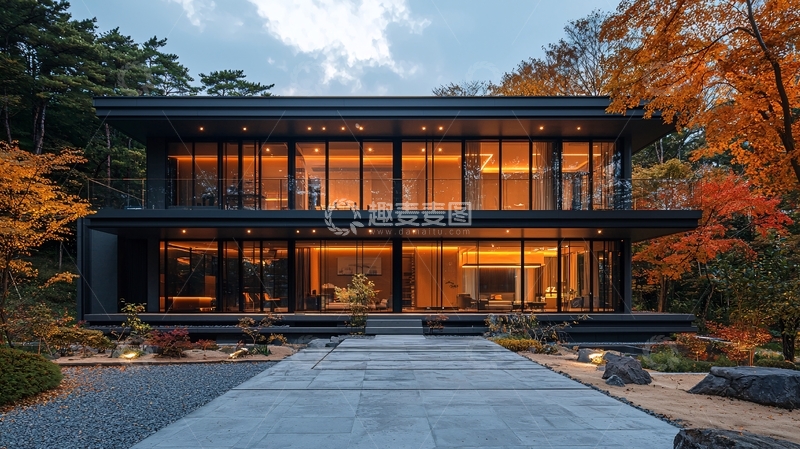 高清大图下载【趣麦麦图】秋日森林别墅夜景