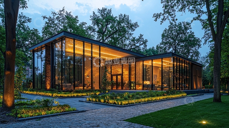 高清大图下载【趣麦麦图】现代玻璃房子在树林中