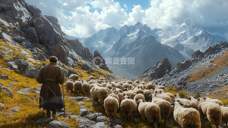高清大图下载【趣麦麦图】牧羊人赶羊群穿越山谷