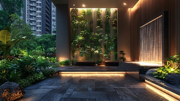 夜晚灯光下的绿植庭院