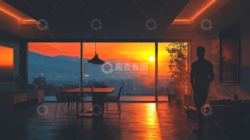 高清大图下载【趣麦麦图】夕阳下的房间剪影