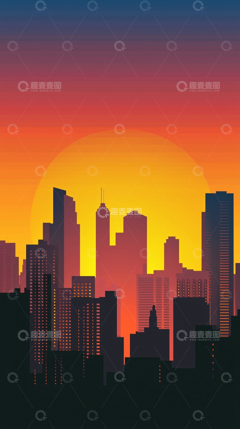 高清大图下载【趣麦麦图】日落城市剪影
