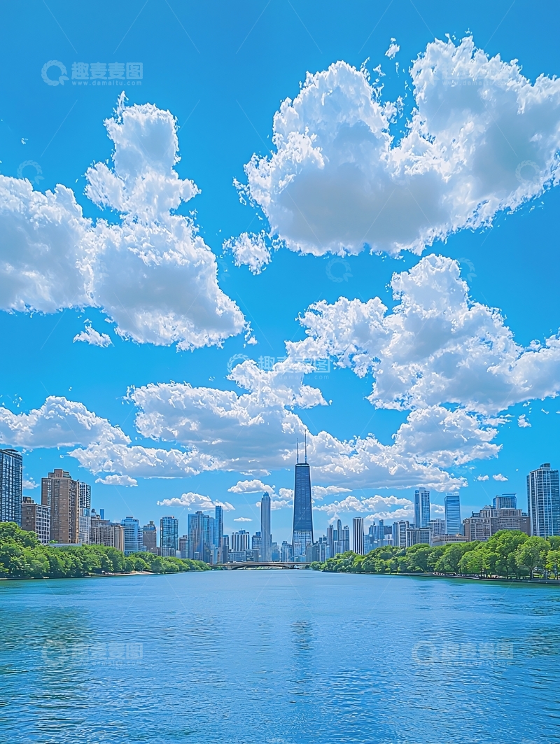 高清大图下载【趣麦麦图】蓝天白云下的芝加哥城市景观