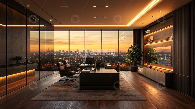 高清大图下载【趣麦麦图】现代办公室傍晚城市景观