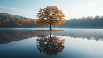 孤树秋景倒影湖面