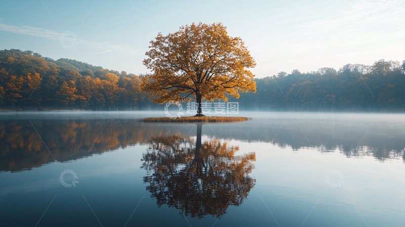 高清大图下载【趣麦麦图】孤树秋景倒影湖面