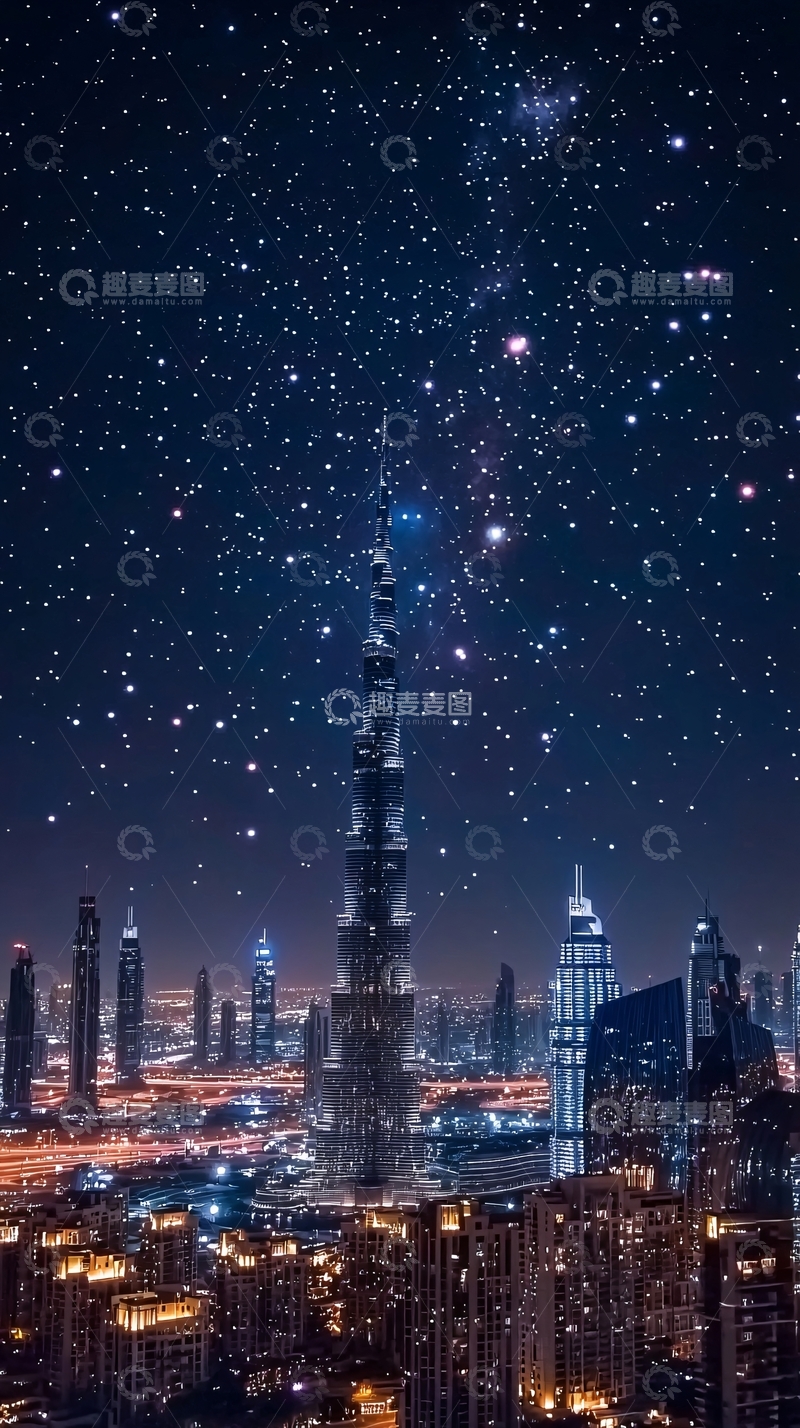 高清大图下载【趣麦麦图】迪拜夜景星空下的摩天大楼