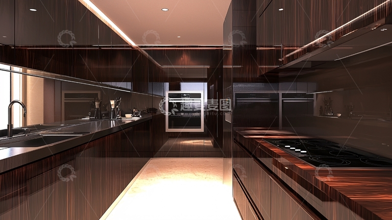 高清大图下载【趣麦麦图】现代风格深色系长型厨房