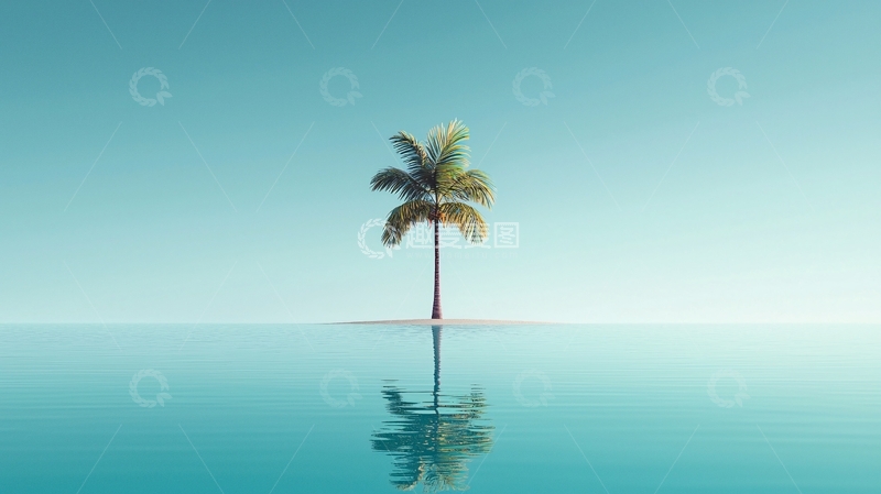 高清大图下载【趣麦麦图】平静海面上的孤单椰子树