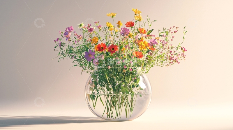 高清大图下载【趣麦麦图】彩色野花玻璃花瓶