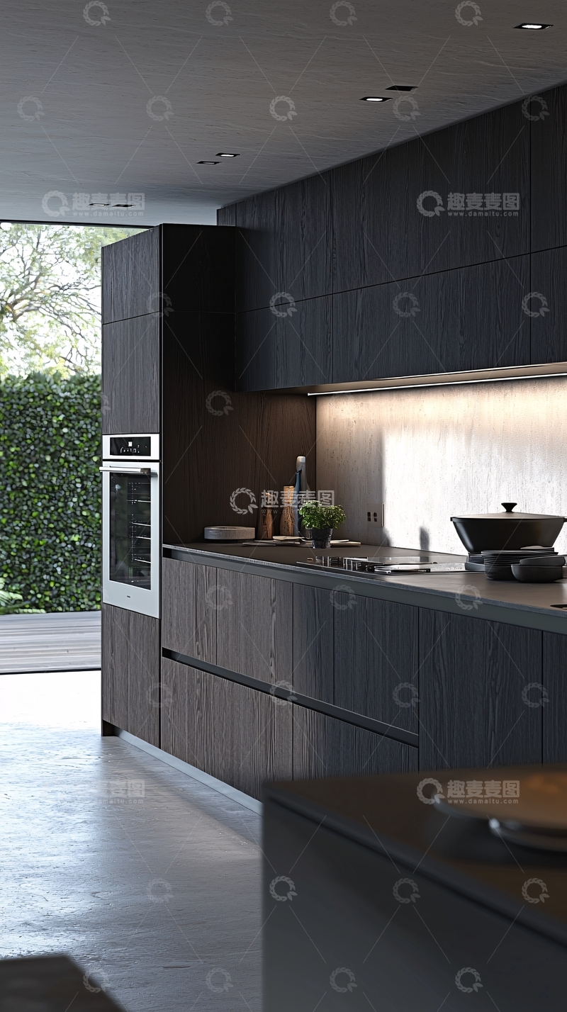高清大图下载【趣麦麦图】现代极简黑色木纹橱柜厨房