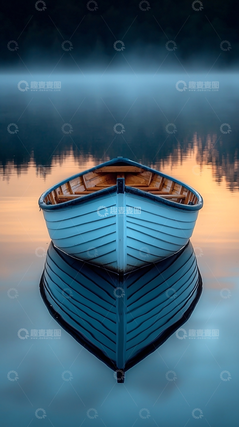 高清大图下载【趣麦麦图】平静湖面上的小木船